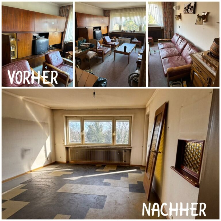 Entrümpelung Wohnzimmer in Korschenbroich: vorher mit Schrankwand und Sesseln, nachher leer und besenrein